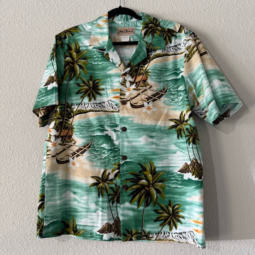 Blue Hawaii brand Green and Cream Button Down Shirt with Tropical Pattern